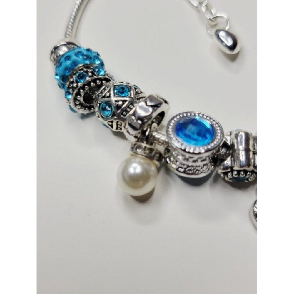 Pandora Style Silver Color Charm Bracelet Pastel Heart Dangle Rhinestones XL - Picture 3 of 6
